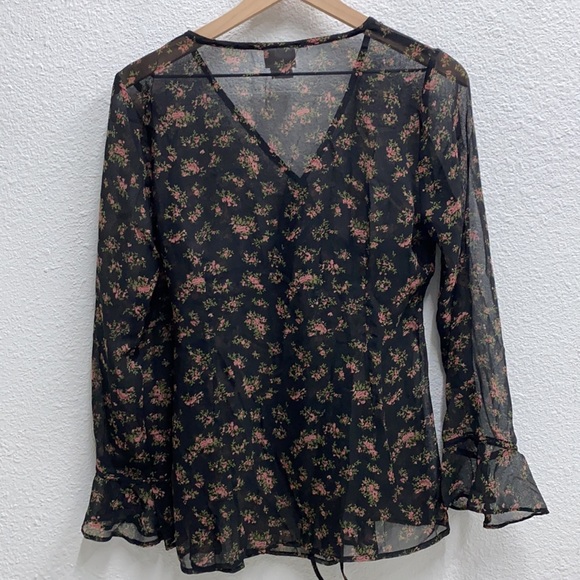 Oh Baby by Motherhood Maternity Sheer Floral Rose Blouse | Black & Pink | M - Picture 5 of 9